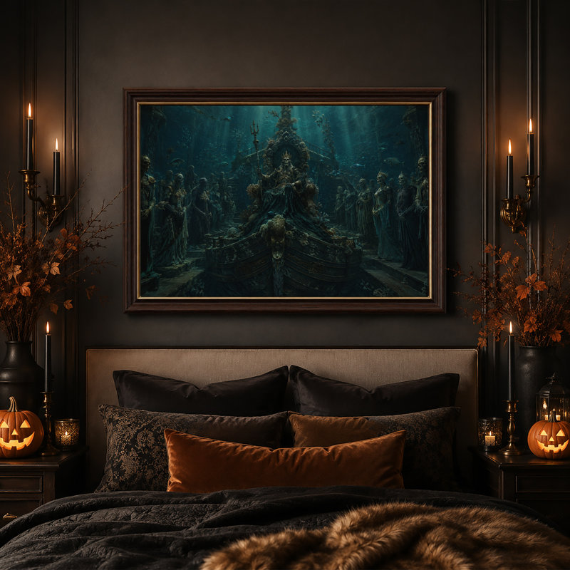 Roi squelettique sous-marin sur un trône orné - Toile murale d'Halloween, H 16 po x l 24 po