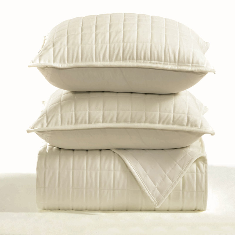 Polyester Quilted Checkered Quilt Set, Ivory, King Quilt + 2 King Shams