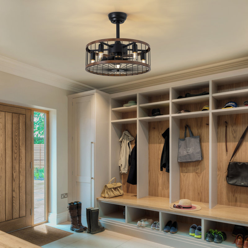 Buffy 20" Farmhouse Caged Ceiling Fan with Light Kit and Remote Control Included, Black/Dark Brown
