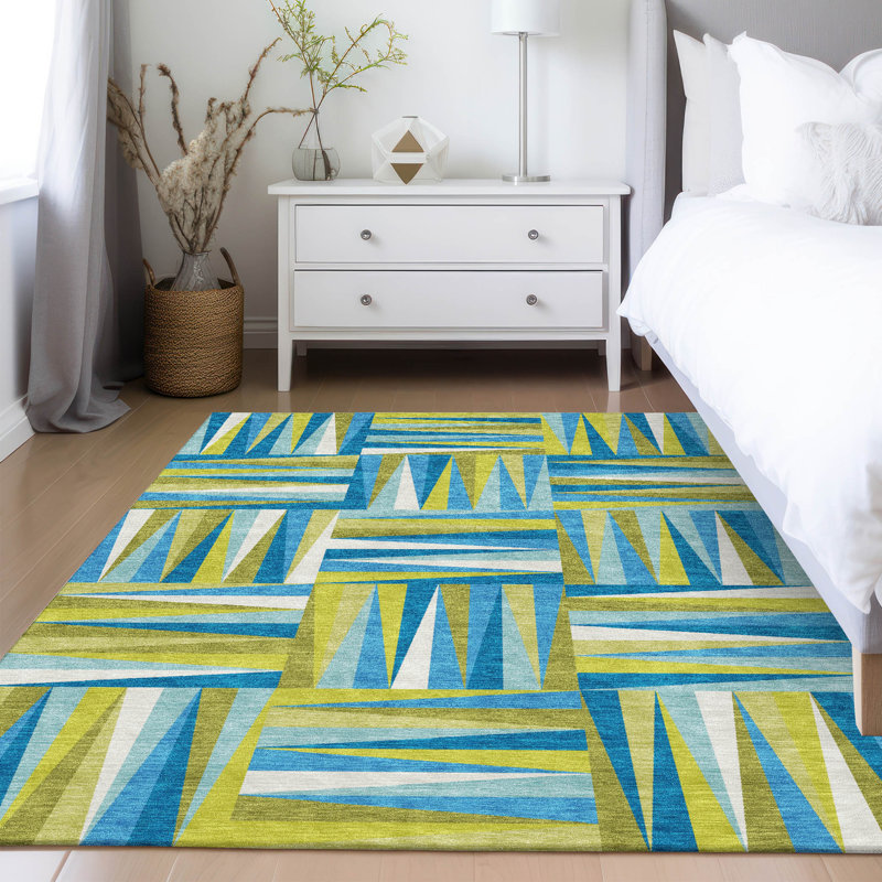 Teal and Green Geometric Washable Indoor/Outdoor Rug