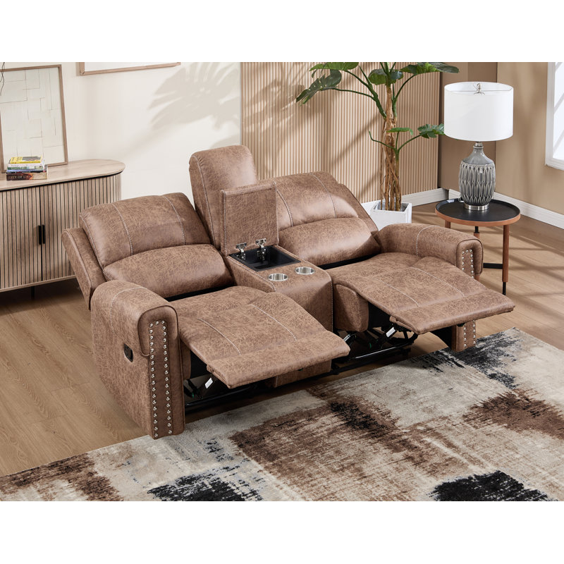 75" Vegan Leather Manual Reclining Loveseat Sofa, 2 Seater Recliner Couch with Storage & Cup Holder
