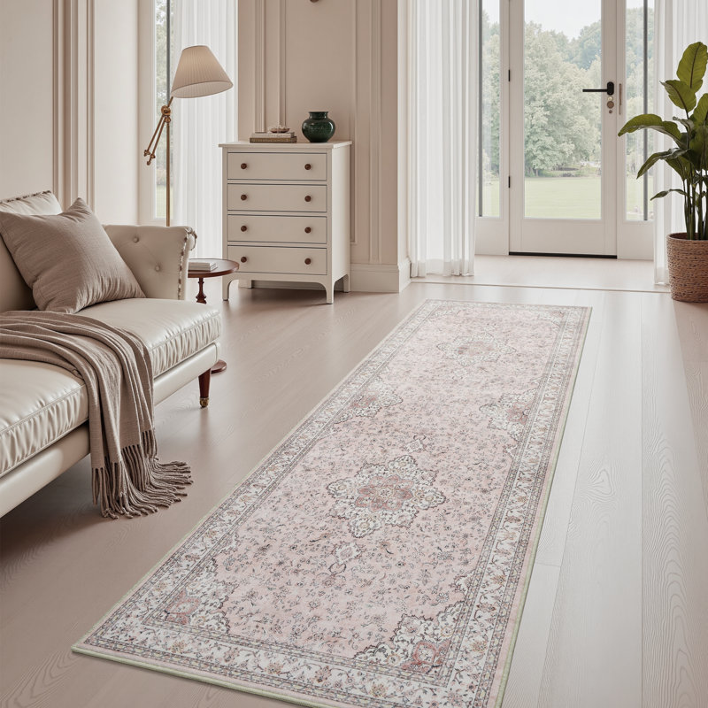 Floral Pink Non-Slip Washable Hallway Runner Rug, Runner 2' x 6'