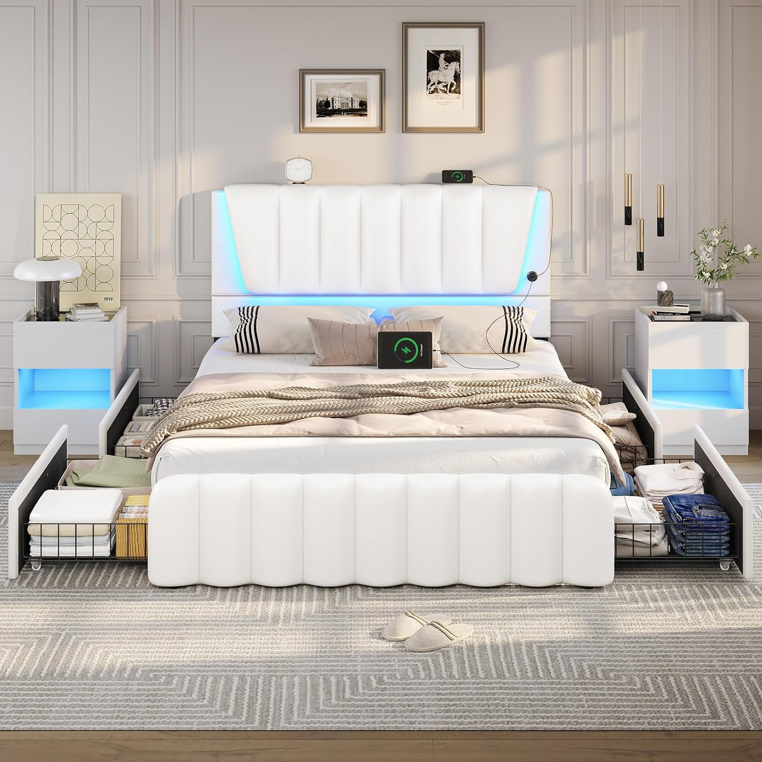 Wrought Studio™ White Upholstered Platform Bed Frame With Led Light ...