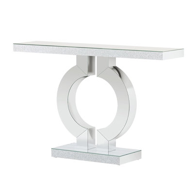 Console Table, 43 Inch Mirrored Silver, Rectangular Top, O Shaped Base