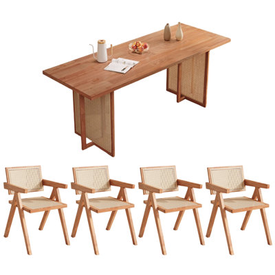 Simple durable rubberwood rattan dining table set