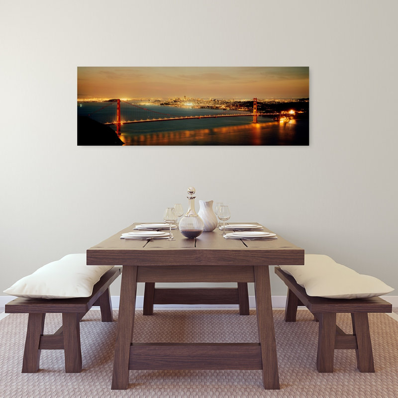 Suspension bridge lit up at dusk Golden Gate Bridge San Francisco Bay San Francisco California USA 1 Piece Wrapped Canvas Panoramic Wall Art