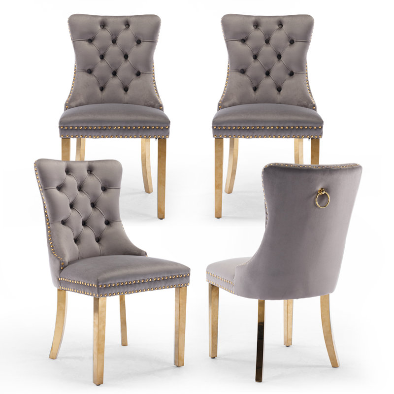 Ensemble de 4 chaises de salle à manger rembourrées en velours et pieds dorés, Gris, Doré