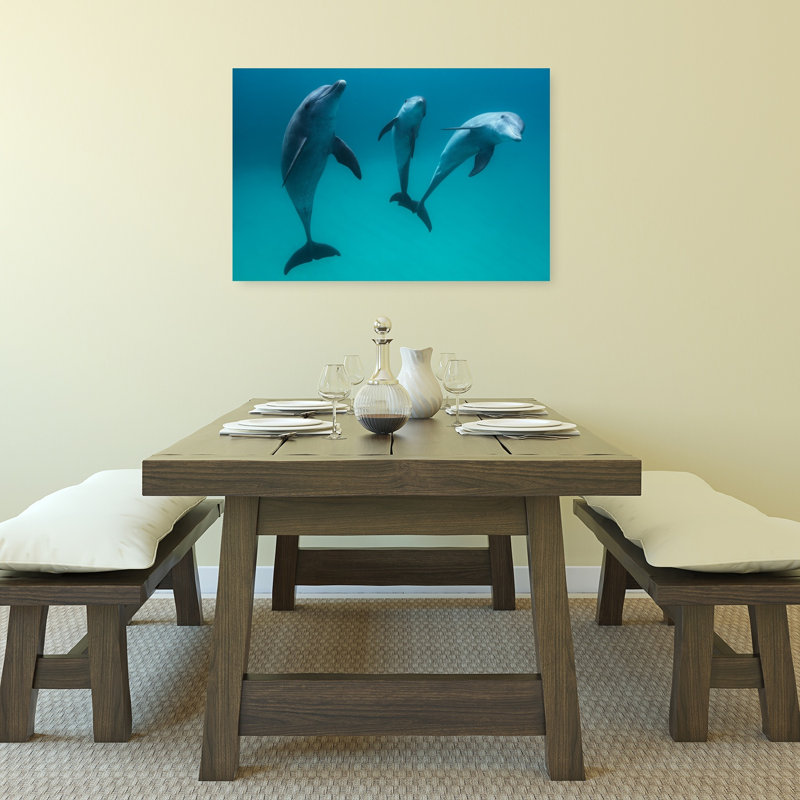 Three Dolphins Swimming Peaceful Serene Contemporary Dolphin Nature Ocean Wall Art Print 1 Piece Wrapped Canvas Wall Art