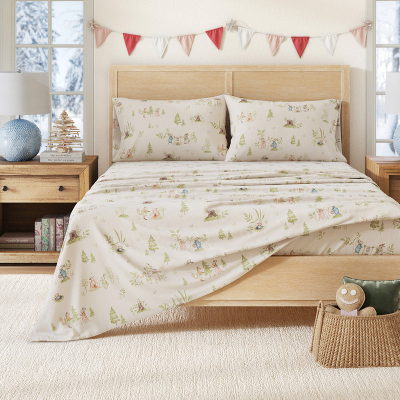 Ensemble de draps de Noël 100% flanelle de coton turc, Ensemble de draps pour lit simple avec 1 taie d'or, Petit village