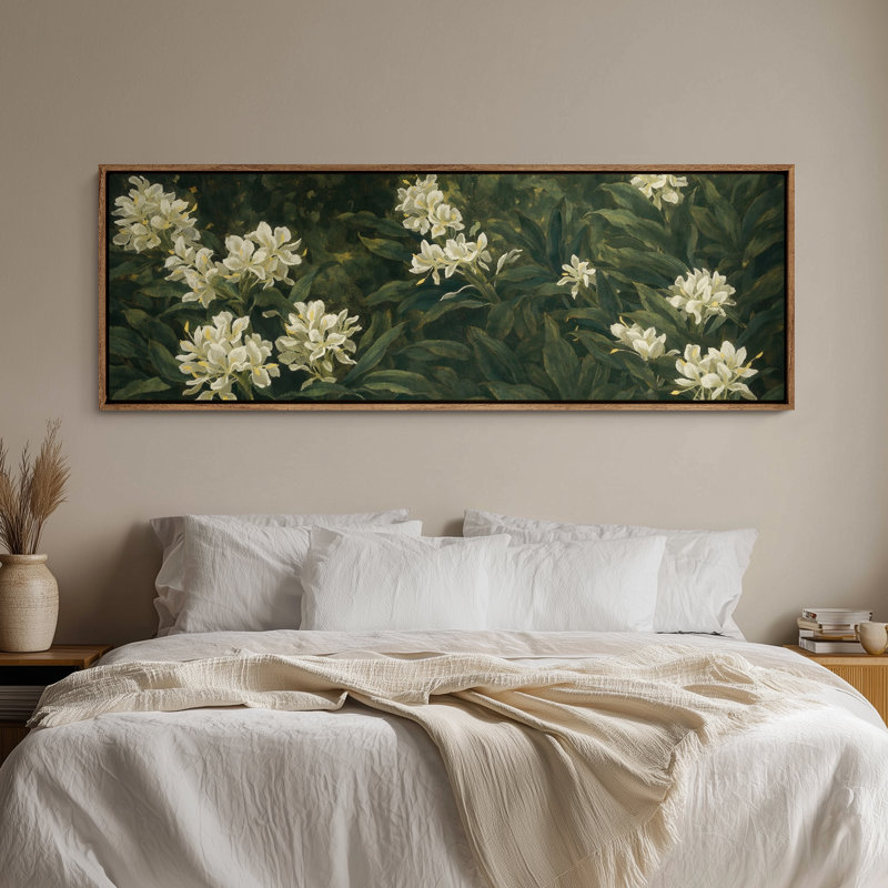 Art mural encadré sur toile - Arbustes botaniques classiques avec des fleurs blanches dans des tons de vert foncé - 16 po x 24 po, 24 po x 36 po