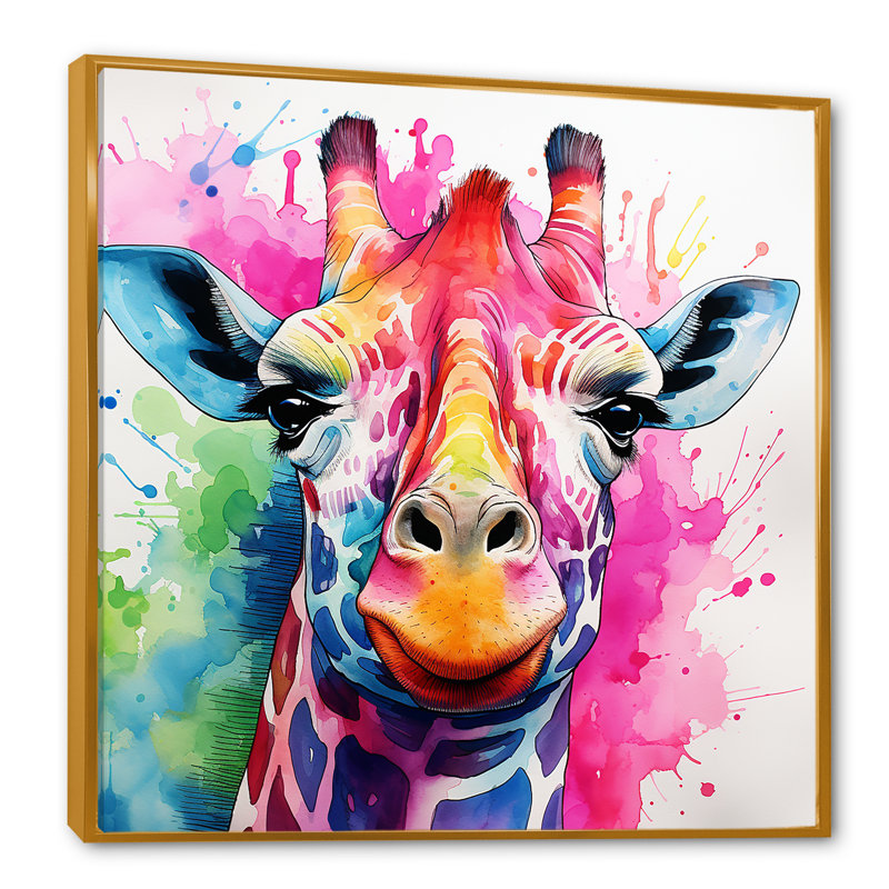 Coloré girafe majestueuse colorée - girafe, art mural, Cadre flottant doré, H 30 po x l 30 po x P 1,5 po