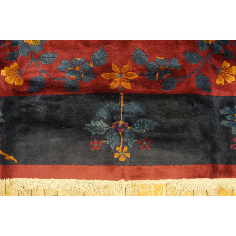 Antique Chinese Art Deco Allover Floral Coral 1920s Rug