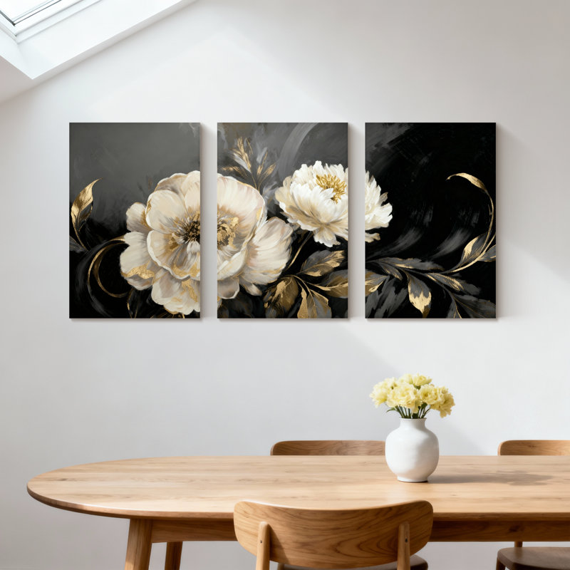 Pivoine, fleurs blanches, feuilles d'or, fond noir, ensemble de 3 impressions sur toile, H 30 po x l 60 po