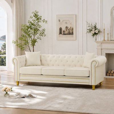 Canapé Chesterfield 85 po en velours avec pieds dorés, canapé capitonné pour le salon, canapé 3 places de style Mid-Century moderne (beige)