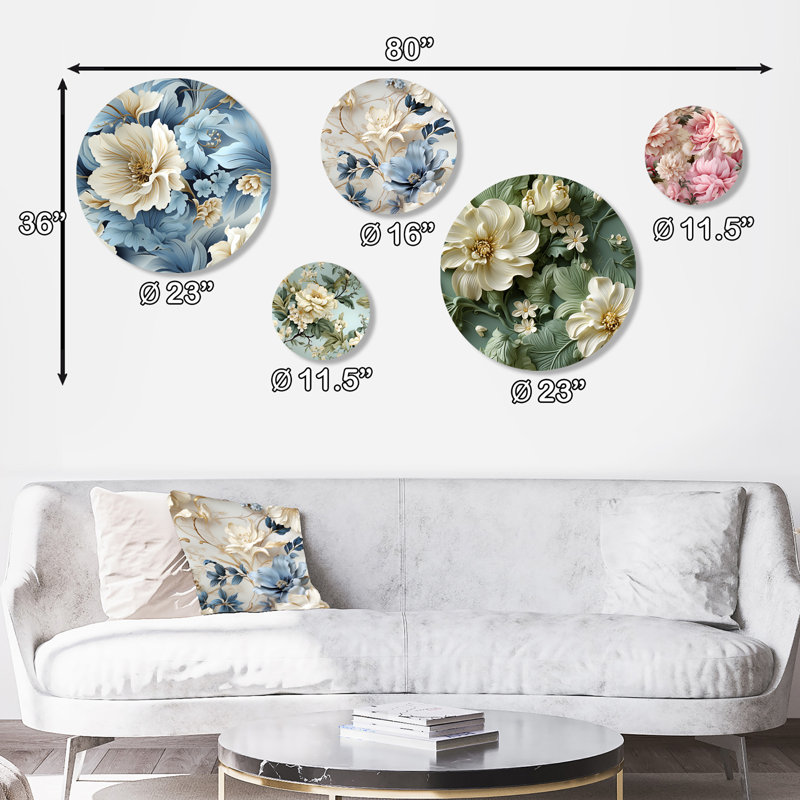 Ethereal rococo Flourish Victorian Motif XV - Floral Floral, ensemble d'art mural rond de 5