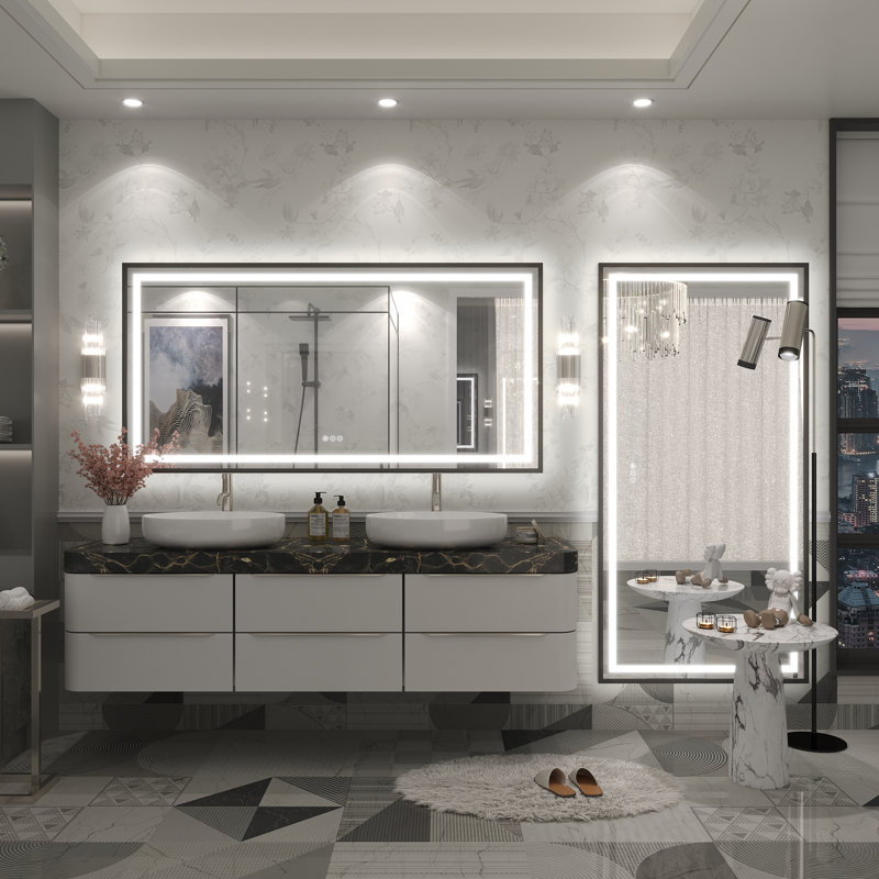 Molly Framelss or Framed LED Anti-Fog Tempered Glass Wall Bathroom Vanity Mirror - UL Certified, 60" x 30", Black