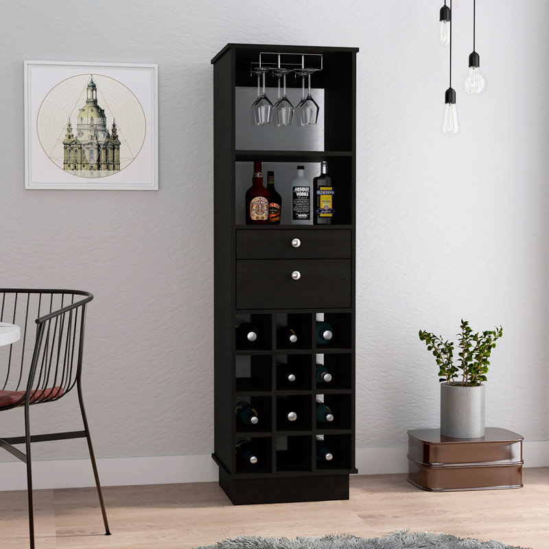 Armoire de bar classique, deux tiroirs, douze porte-bouteilles encastrés, H 63,24 po x l 18,15 po x P 15,65 po