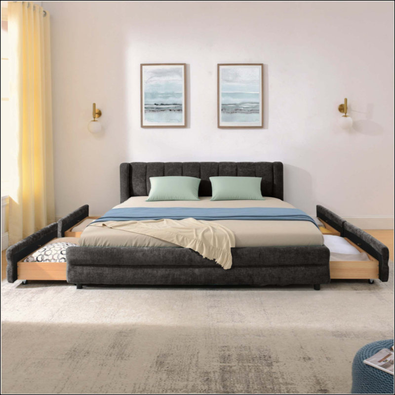 Cadre de lit rembourré avec tissu épais, cadre de lit rembourré confortable, tissu chenille, avec tête de lit et cadre de lit uni
