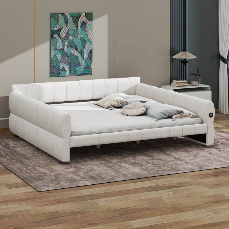 Lit de jour rembourré très grand avec ports USB, cadre de lit plateforme en laine d'agneau, Blanc