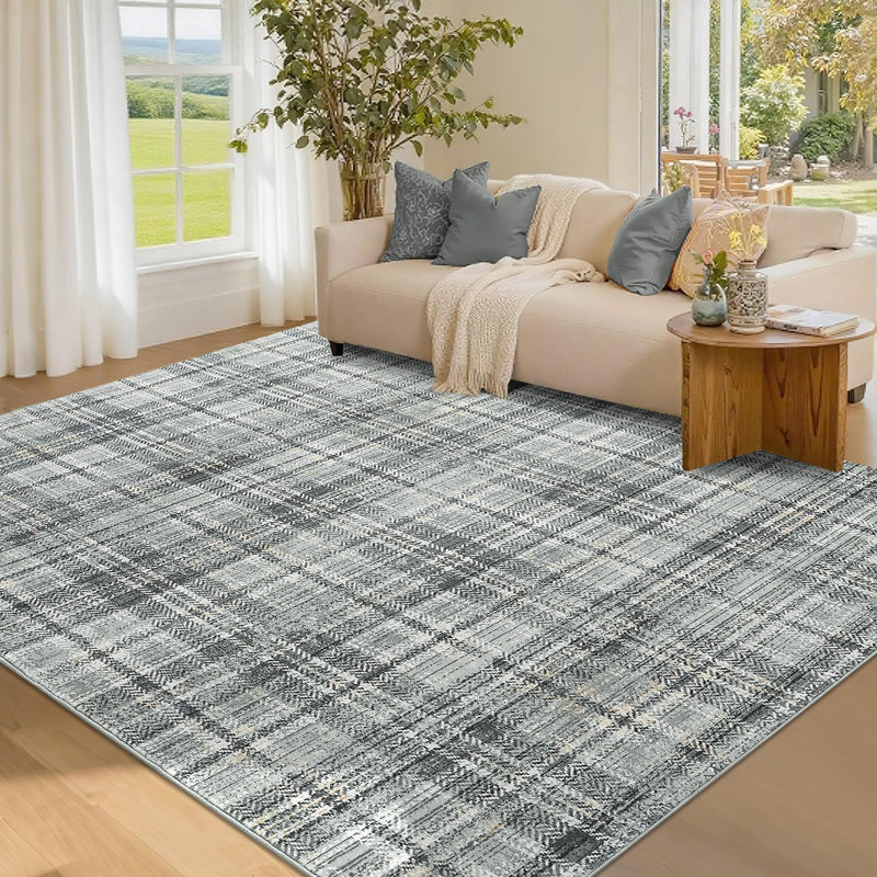 Washable Area Rugs for Bedroom Modern Area Rug for Living Room Contemporary Plaid Non Slip Large Rug Low Pile Stain Resistant Carpet for Playroom Classroom