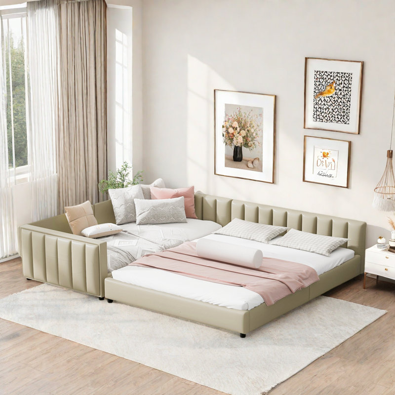 Elegant Mother & Child Bed With A Streamlined Upholstered Frame, Beige