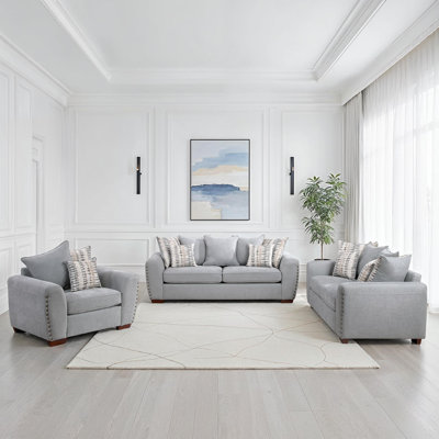 Langara Transitional Chenille 3-Piece Living Room Set with Elegant Nailhead Trim, Reversible Cushions & 16 Included Accent Pillows by Ebern Designs