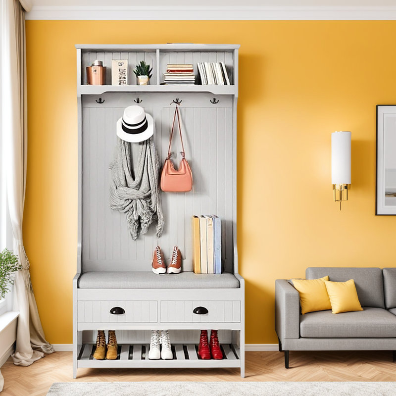Arbre d'entrée multifonctionnel avec coussin moelleux, tablettes et portemanteau, Gris