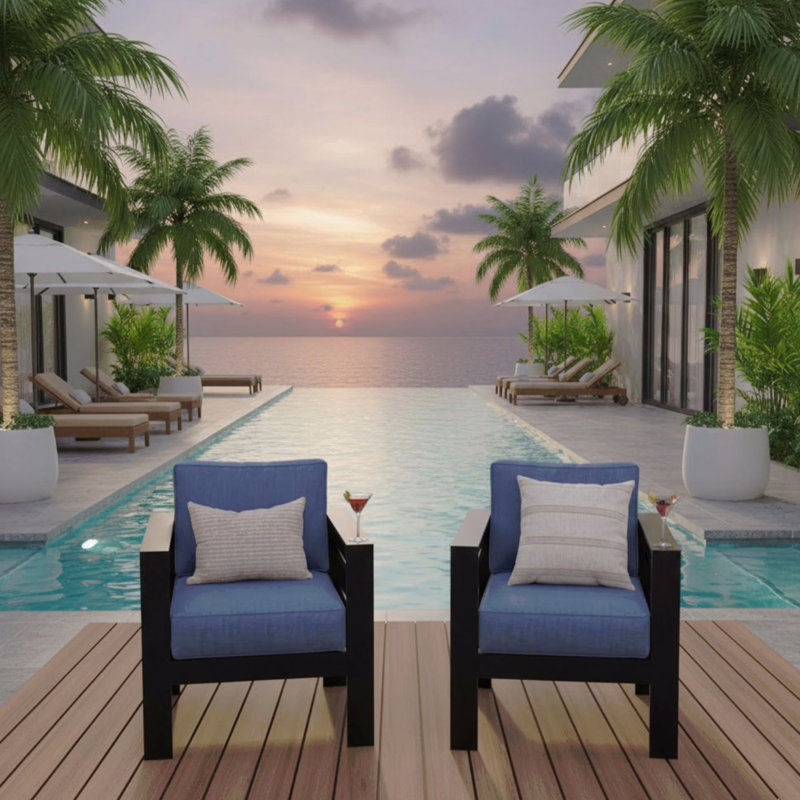 2-Pack 28" All-Weather Aluminum Patio Armchairs With Thick Blue Cushions & Black Frame, Blue Cushion/Black Frame