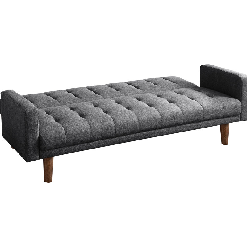 Lit à dossier gris avec détails en noyer, bois franc fuselé convertible pour utilisation, pieds à l'apparence moderne