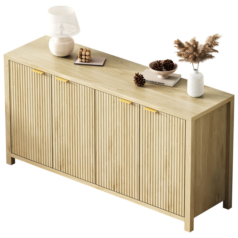 Buffet 55 po cannelé avec rangement, armoire de rangement Farmhouse 4 portes, buffet avec tablettes réglables, Tanné