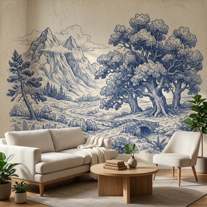 Papier peint paysage de montagnes bleues, 160 po x 108 po, Peler et coller