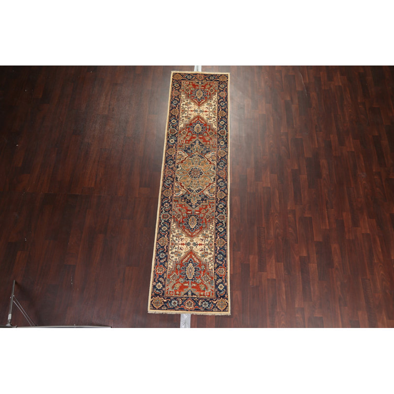 Tapis de couloir beige en laine noué à la main de conception unique 2 pi 6 po x 9 pi 9 po