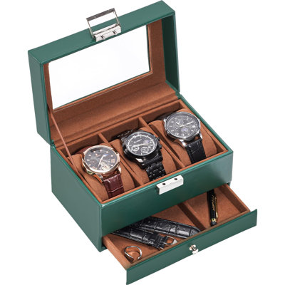 Watch Box Display Case with Glass Lid and Drawer, 3 Slots 2-Layer Jewelry Organizer Storage Holder