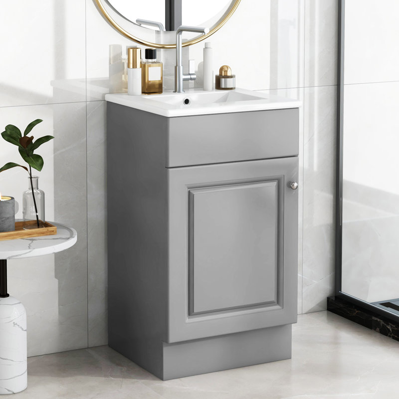 Meuble-lavabo 18 po avec lavabo en céramique, porte et armoire de rangement, Argent, Gris