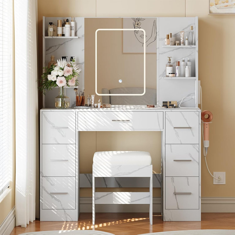 Vanity Desk  Vanity Table With 7 Drawers And 6 Storage Shelves, With Mirror  Stool Dressing Table Marbled White