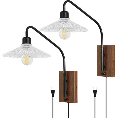 Plug-In Wall Sconce Set Of 2 With Glass Shade, 180° Adjustable Swing Arm Wall Lamp For Farmhouse Bedroom, Living Room, Or Bathroom Lighting (E26 Base)