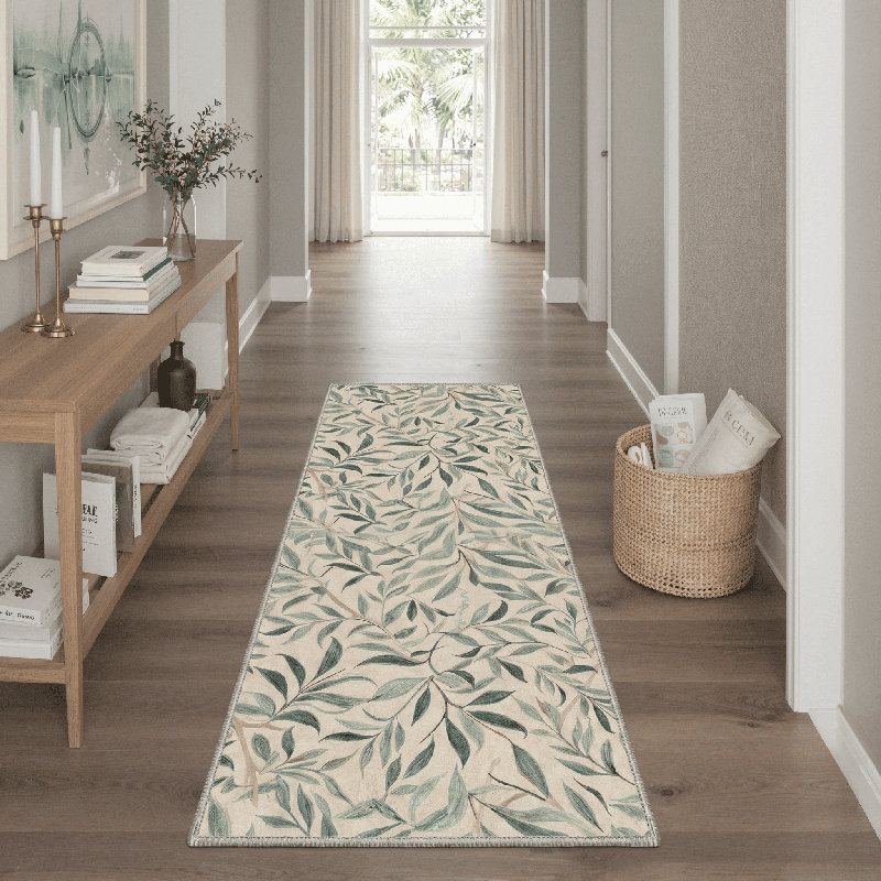 Abeyta Floral Machine Washable Green / Beige Indoor Area Rug with Non-Slip Backing, Runner 2'3" x 6'