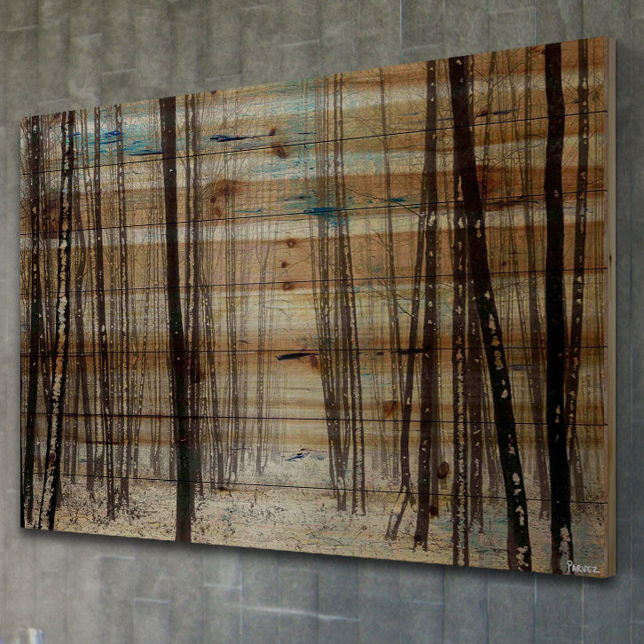 «Dark Thin Trees» par Parvez Taj, reproduction d'art sur bois de pin naturel, H 40 po x l 60 po x P 1,5 po