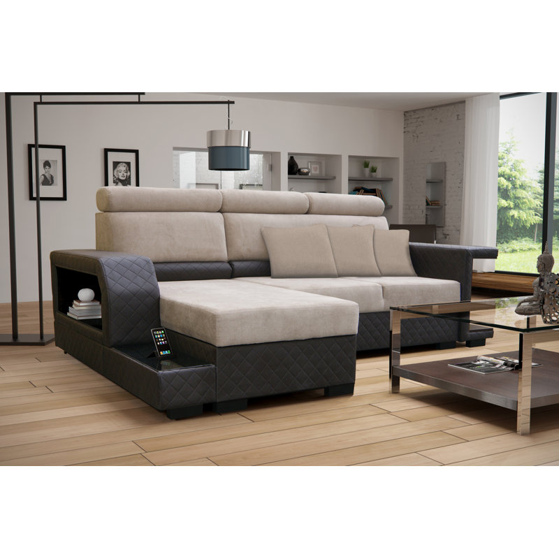 Upholstered L-Shaped Sectional, Beige, Left Hand Facing