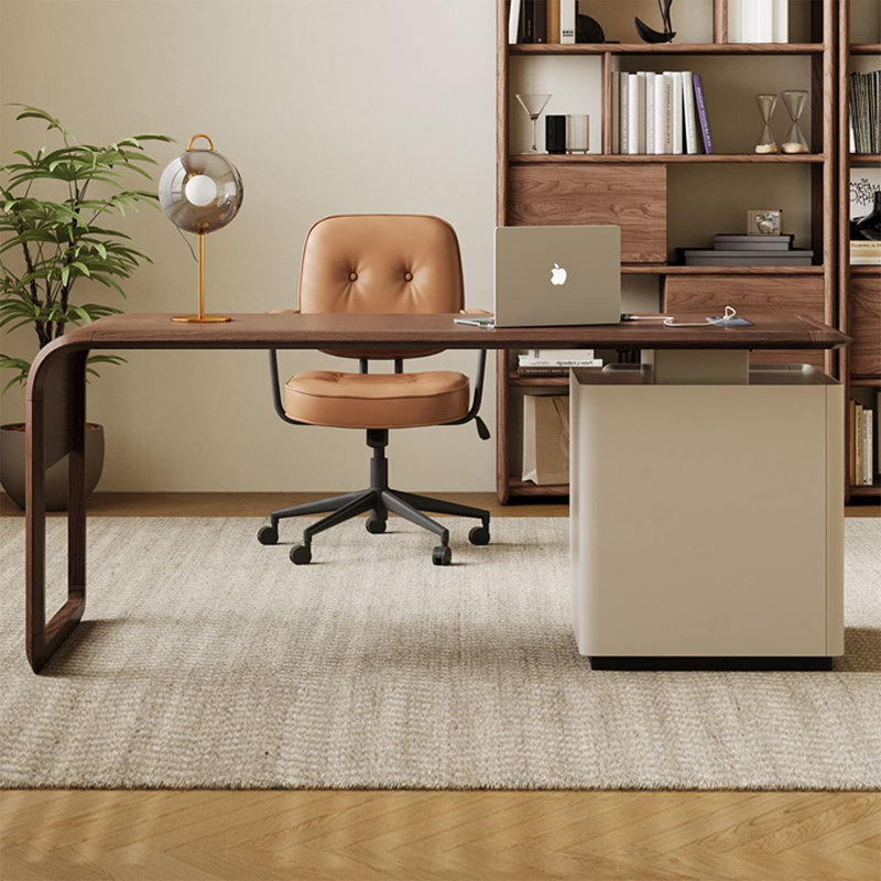 Bureau à 3 tiroirs brun noisette + beige massif massif + bois manufacturé, Retour à gauche