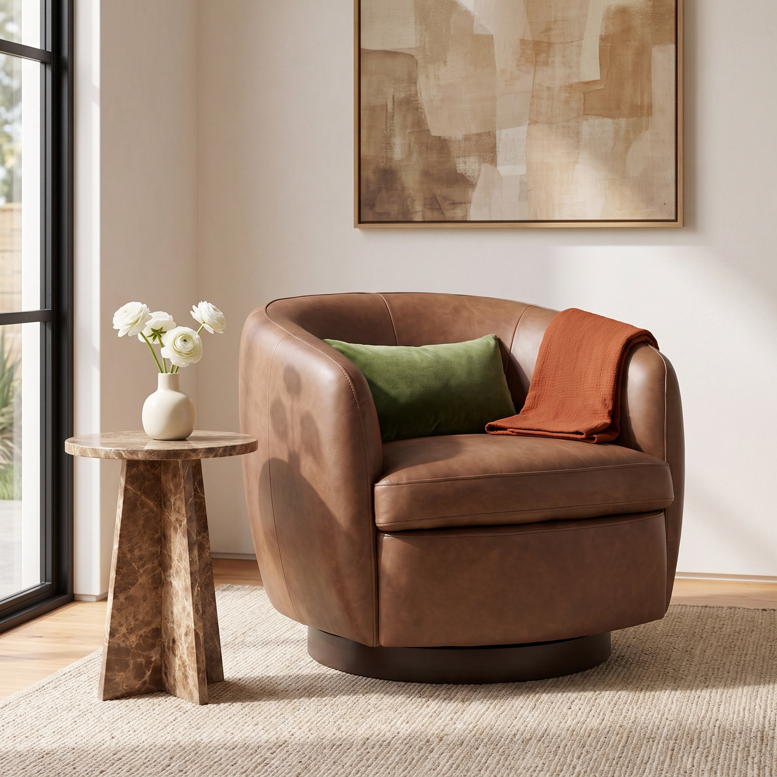Marcy Pine Swivel Barrel Chair, Copley Brown Vegan Leather
