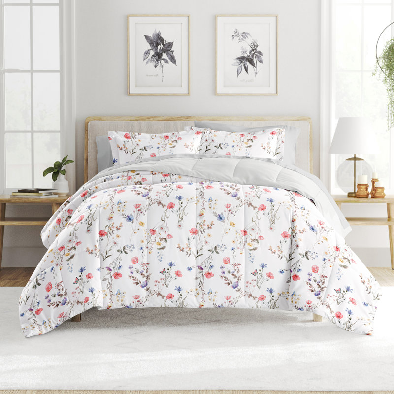 7 Piece Bedding Set - Comforter and Sheet Set, Édredon simple TG + 1 pièce supplémentaire, Motif floral rose