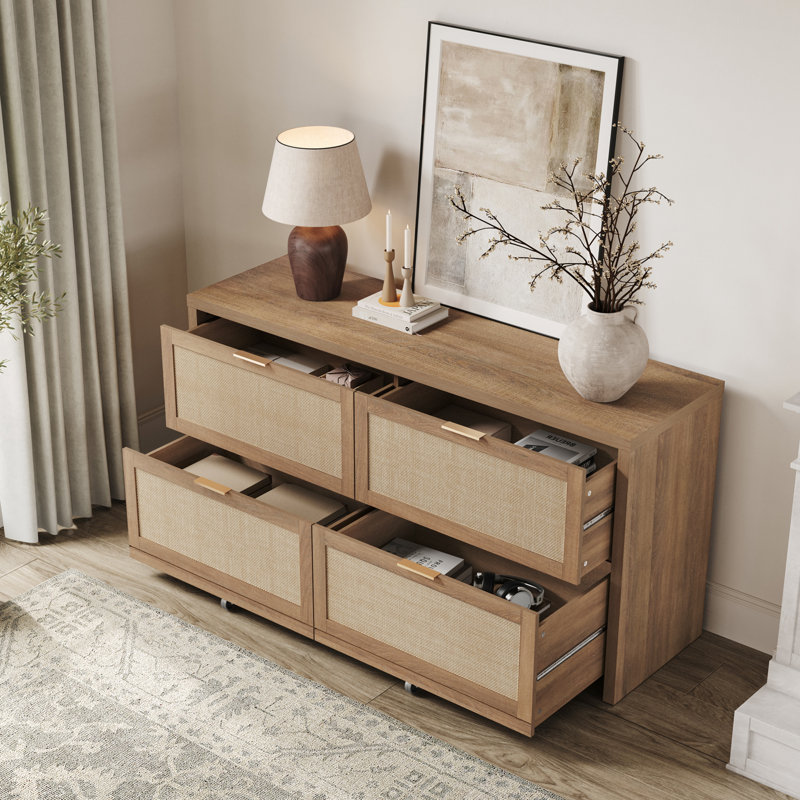 60.83''W Boho 4-Drawer Dresser With Ample Storage, Caramel Oak