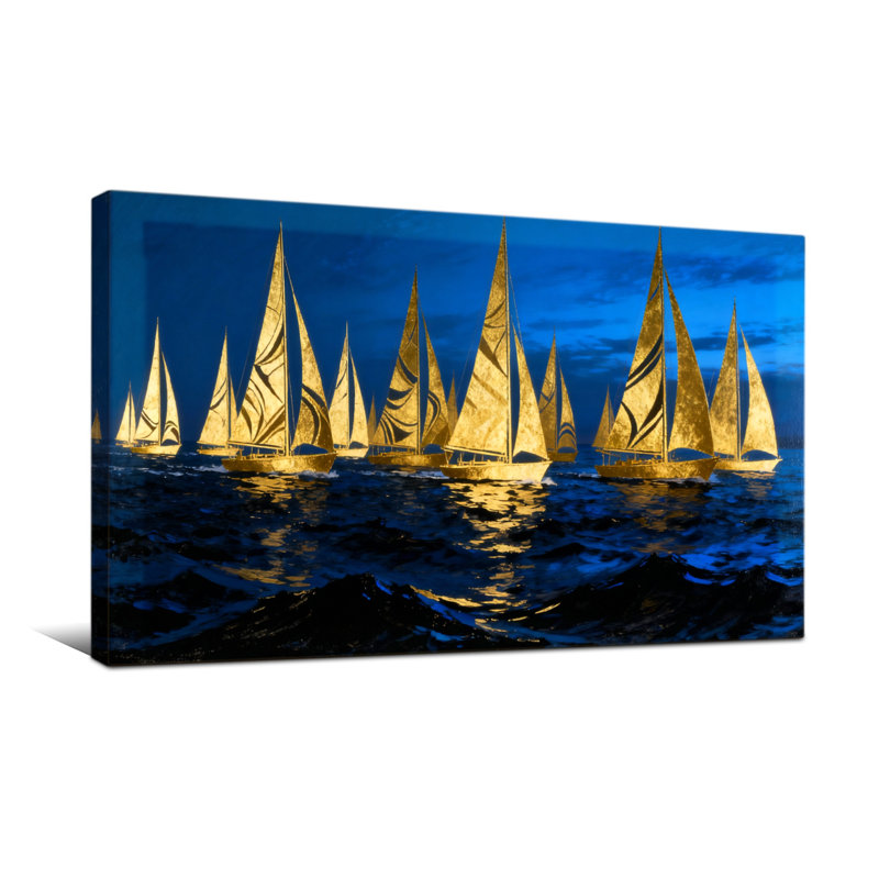 Voiliers dorés nautiques et de plage sur les vagues de l'océan foncé, H 28 po x l 58 po