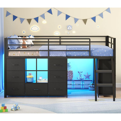 Low Loft Bed Twin Size with 14 Storage Drawers & 2 Shelves, Kids Loft Bed with RGB LED Lights & Slanted Ladder, Metal Twin Loft Bed with Safety Guardrails, Secret Fort, Windows, Black