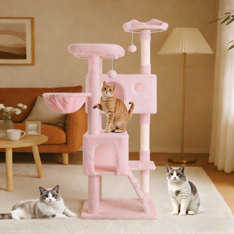 Arbre à chat 64 pouces avec plusieurs condos et poteaux à griffer, Rose