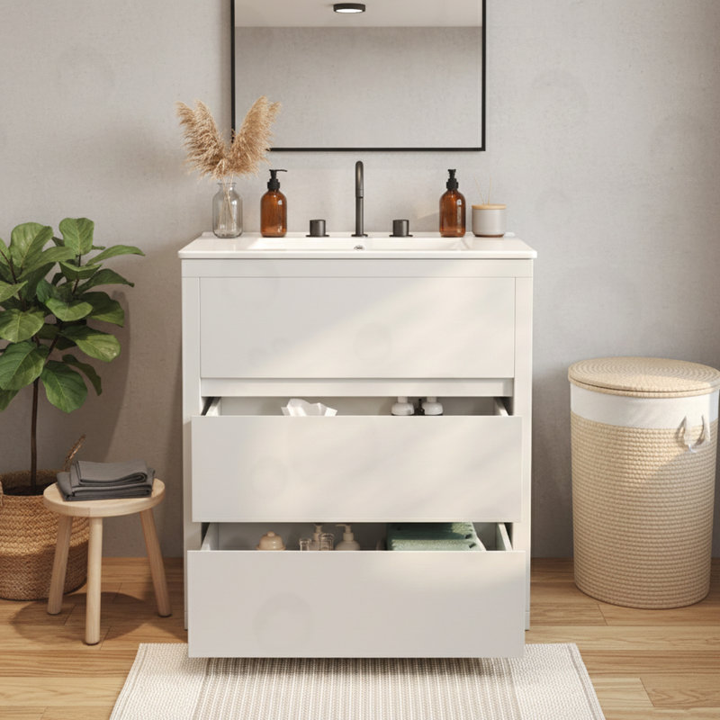 Meuble-lavabo de salle de bain avec lavabo en céramique et 2 tiroirs pleine extension, Blanc
