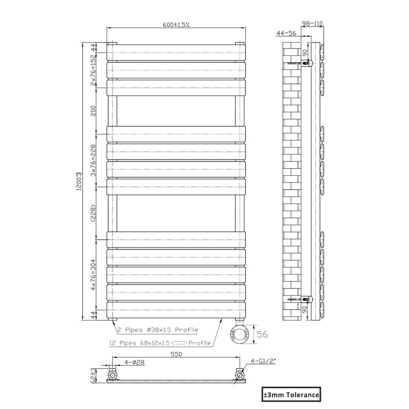 Flat Panel Towel Rail Heated Towel Rails, Chrome, 120cm H x 60cm W x 6.2cm D
