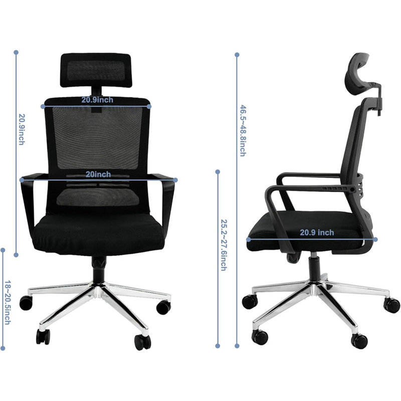 Ergonomic High Back Office Chair - 3-Gear Tilting Backrest, Adjustable Headrest, 400Lbs Capacity (Integrated Metal Base, Swivel Wheels, Breathable Mesh)