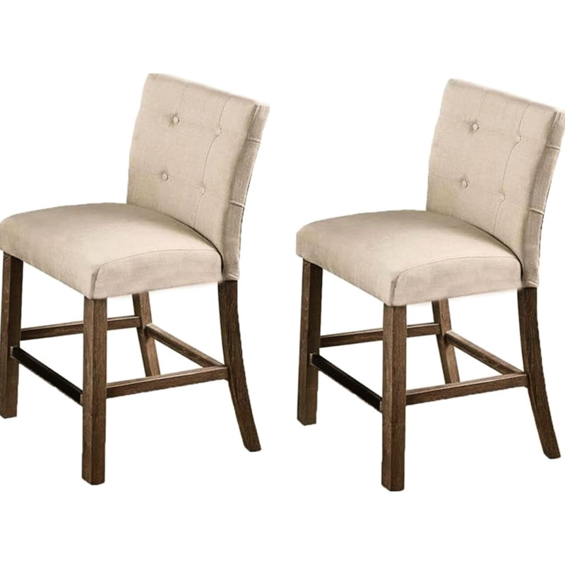 Deux chaises de comptoir en bois gris avec dossier, mélange de beige et repose-pieds, tabourets à hauteur rembourrée, mélange, pieds
